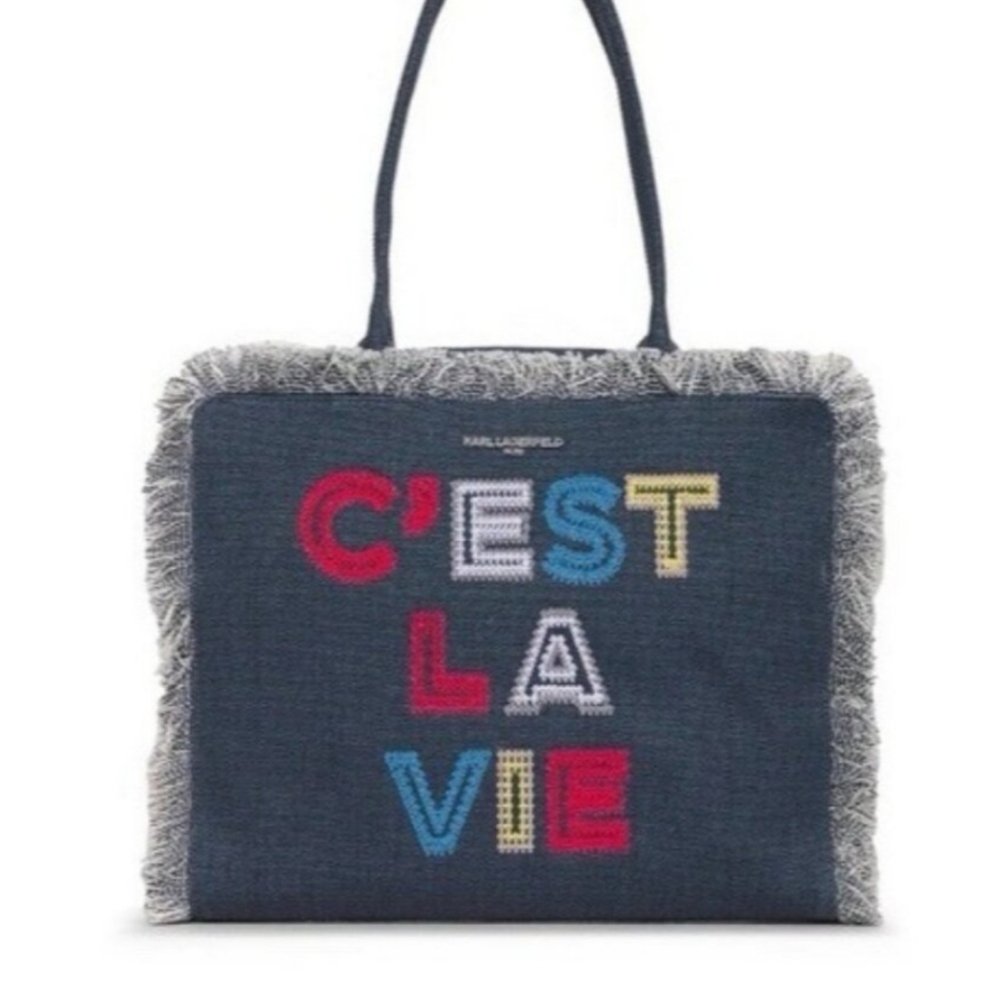 Karl Lagerfeld Fringe Zip MARGOT Denim 'CEST LA VIE' Tote